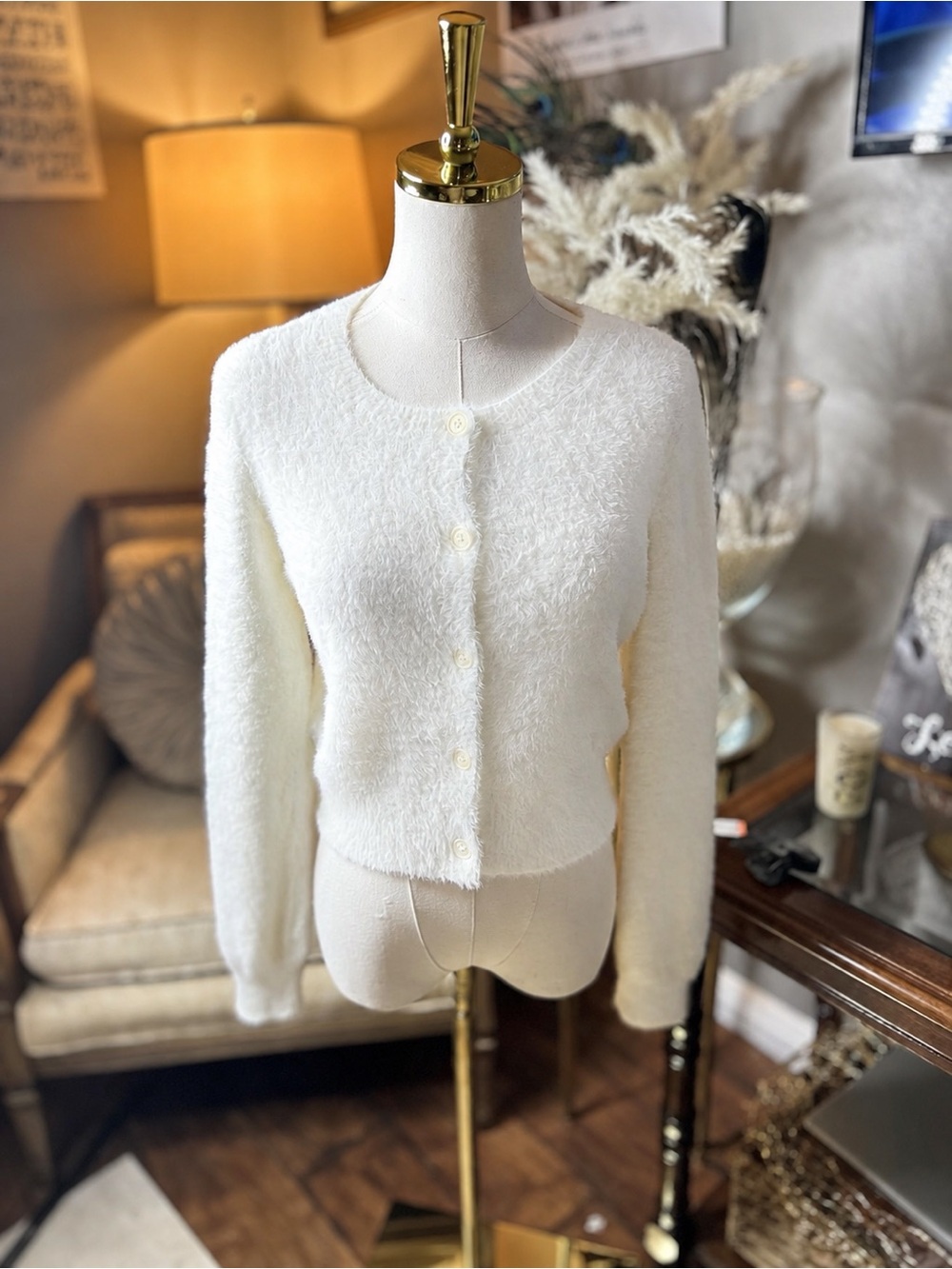 Sunday Best Cream Fuzzy Button Front Cardigan Y2K ,Soft girl Ballettcore Cottage